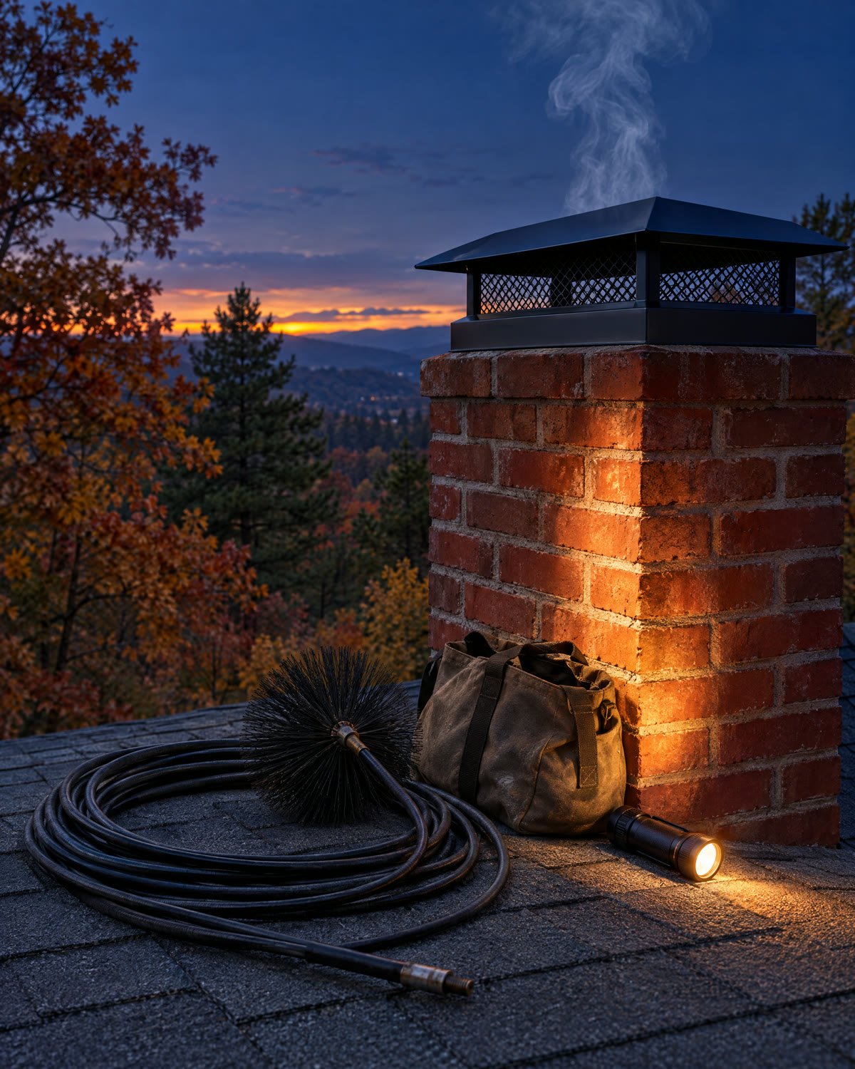 Chimney sweep brushes and rods resting against a brick chimney on a roof at dusk
